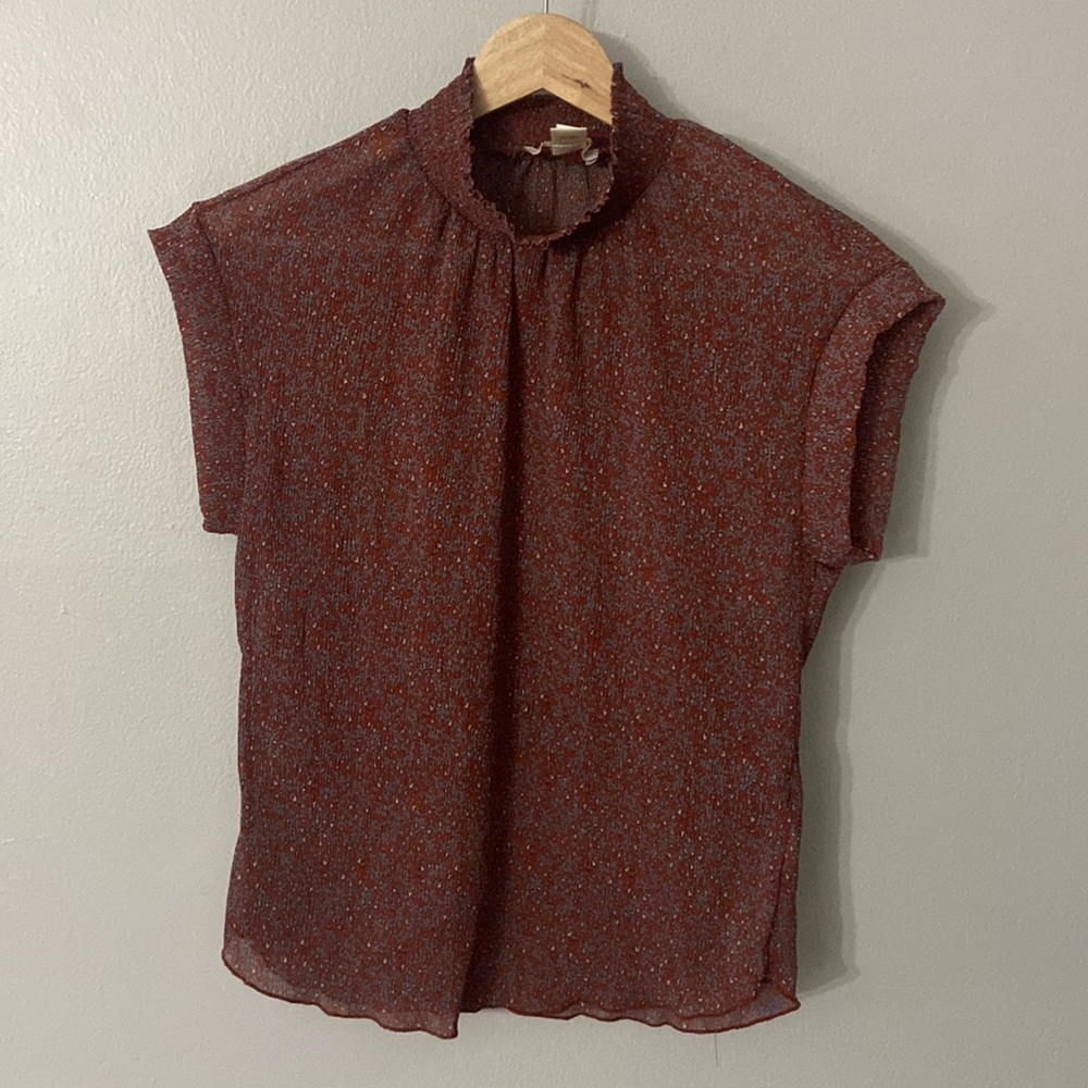 Monteau Mock Neck Sheer Floral Blouse